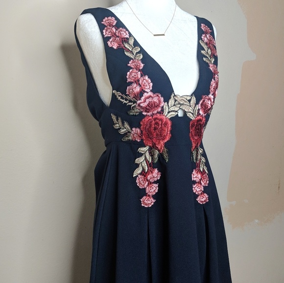 Luxxel Dresses & Skirts - LUXXEL Navy Embroidered Floral Skater Dress